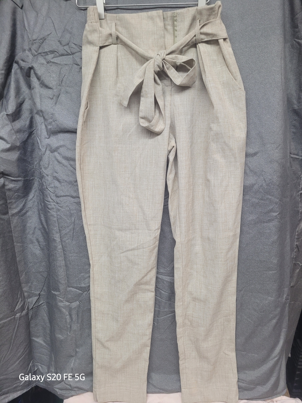 High-Rise Straight Leg Jeans with Self-Tie Waist - Light Beige